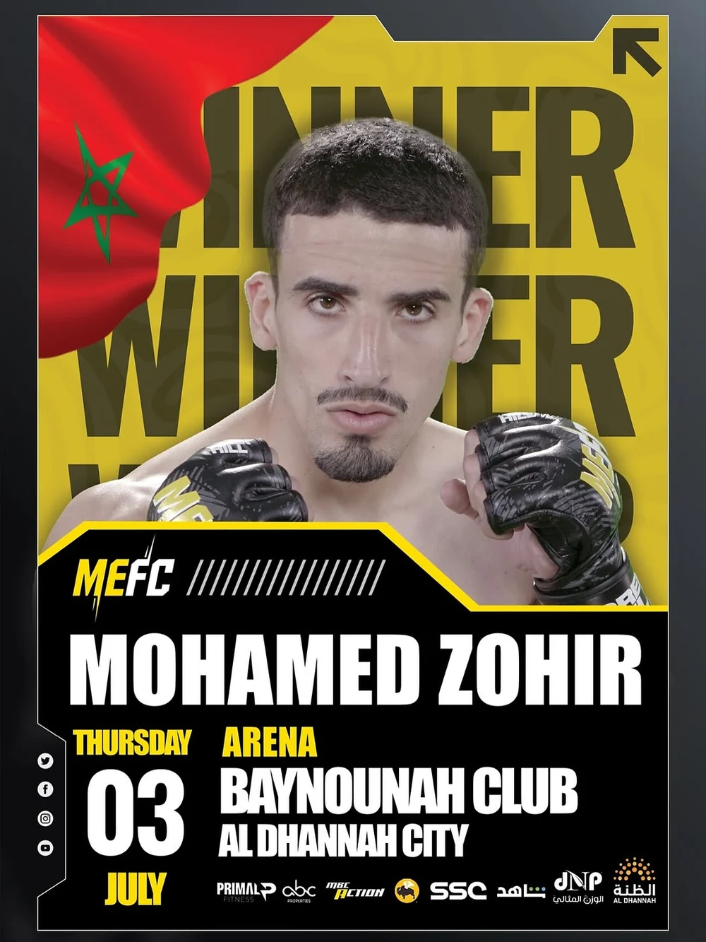 MEFC fight poster featuring Mohamed Zohir, July 3 at Baynounah Club